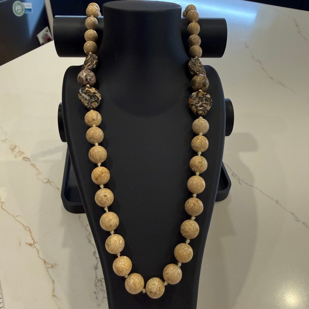Boho Artisan Natural Stone Jasper Long Hand Knotted Beaded Necklace 34"